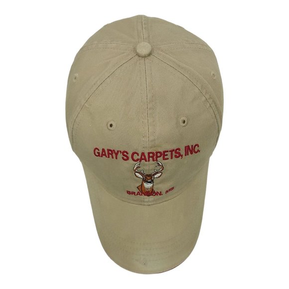 Garys Carpets Buck Deer Logo Strapback Cap Trucker Baseball Hat Khaki Red Trim - Picture 6 of 12